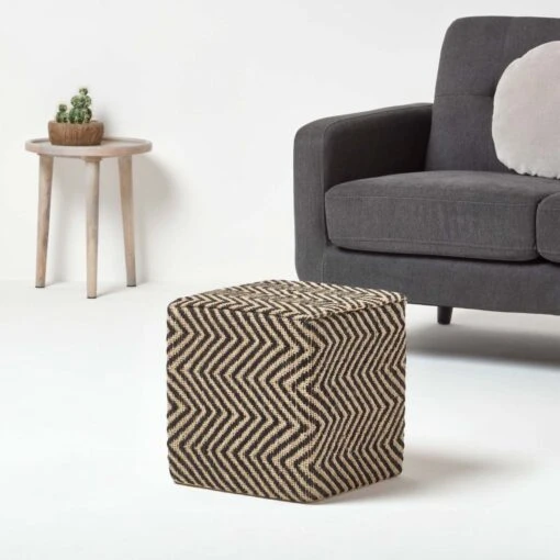 Black And Off-White Herringbone Jute Cube Pouffe 36 X 36 X 38 Cm -Best Homeware Store sf1611 02