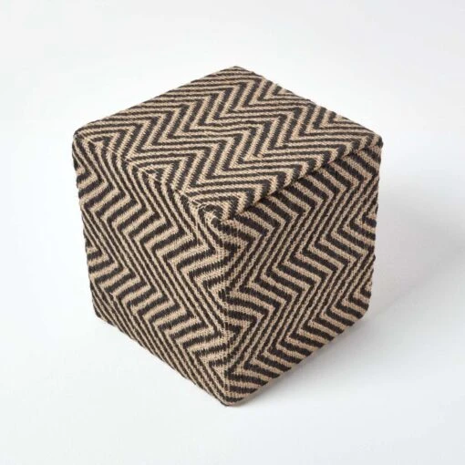 Black And Off-White Herringbone Jute Cube Pouffe 36 X 36 X 38 Cm -Best Homeware Store sf1611 03