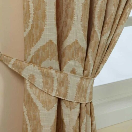 Cream And Gold Jacquard Curtain Abstract Ikat Design Fully Lined With Tie Backs, 46 X 72" Drop -Best Homeware Store sf1616 2