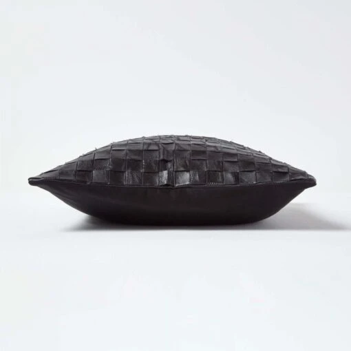 Black Real Leather Basketweave Check Suede Cushion With Feather Filling -Best Homeware Store sf1638 02