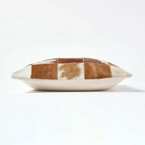 Beige And Cream Real Leather & Goat Hair Small Check Cushion With Feather Filling -Best Homeware Store sf1641 02