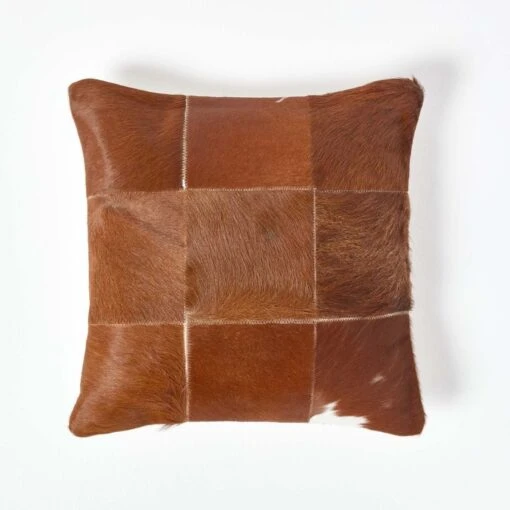 Beige Real Leather & Goat Hair Large Check Cushion With Feather Filling -Best Homeware Store sf1644 01