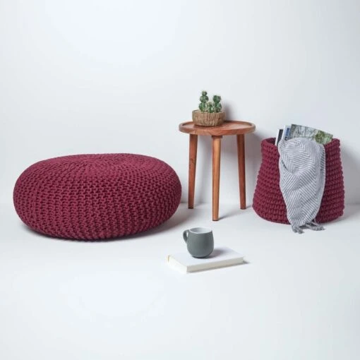 Plum Large Round Cotton Knitted Pouffe Footstool -Best Homeware Store sf1661c 06