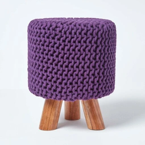 Deep Purple Tall Cotton Knitted Footstool On Legs -Best Homeware Store sf1661d 01