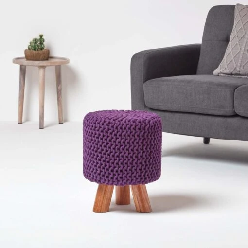 Deep Purple Tall Cotton Knitted Footstool On Legs -Best Homeware Store sf1661d 02