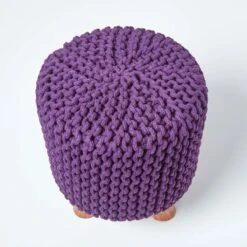 Deep Purple Tall Cotton Knitted Footstool On Legs -Best Homeware Store sf1661d 03