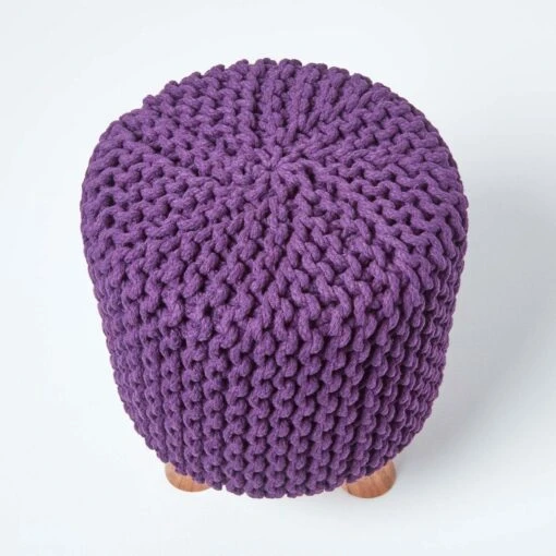 Deep Purple Tall Cotton Knitted Footstool On Legs -Best Homeware Store sf1661d 03