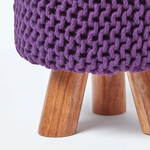 Deep Purple Tall Cotton Knitted Footstool On Legs -Best Homeware Store sf1661d 04