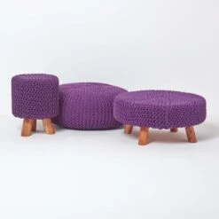 Deep Purple Tall Cotton Knitted Footstool On Legs -Best Homeware Store sf1661d 05