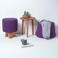 Deep Purple Tall Cotton Knitted Footstool On Legs -Best Homeware Store sf1661d 06