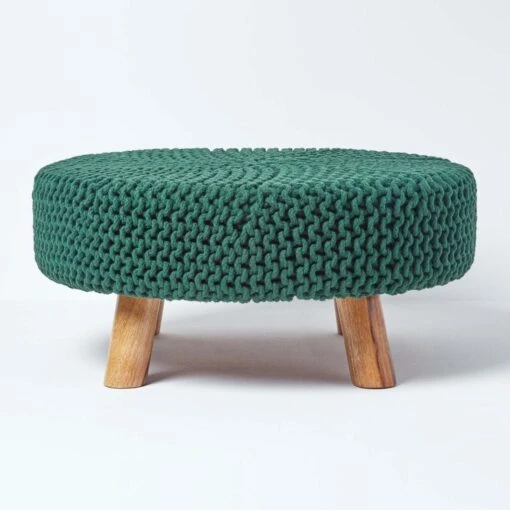 Forest Green Large Round Cotton Knitted Footstool On Legs -Best Homeware Store sf1664e 01