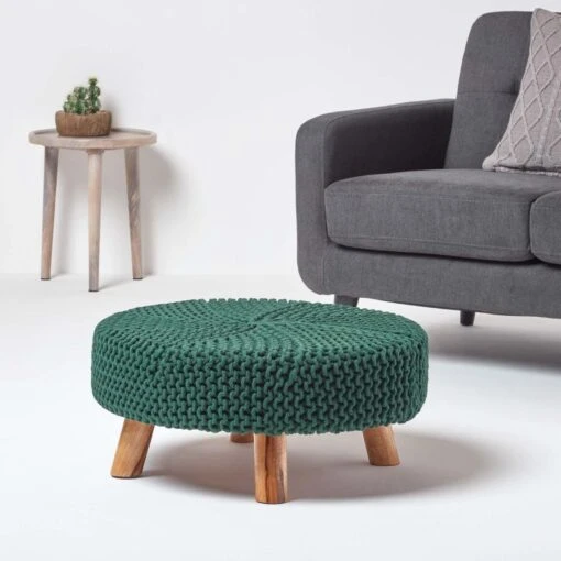 Forest Green Large Round Cotton Knitted Footstool On Legs -Best Homeware Store sf1664e 02