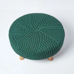 Forest Green Large Round Cotton Knitted Footstool On Legs -Best Homeware Store sf1664e 03