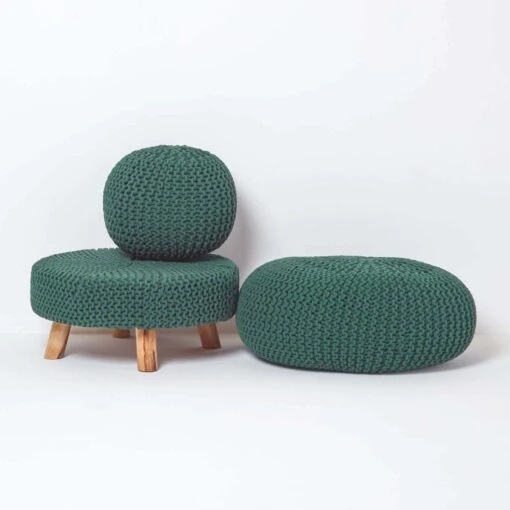 Forest Green Large Round Cotton Knitted Footstool On Legs -Best Homeware Store sf1664e 05