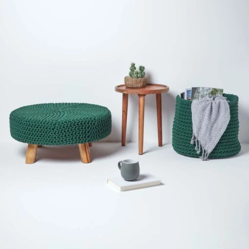 Forest Green Large Round Cotton Knitted Footstool On Legs -Best Homeware Store sf1664e 06