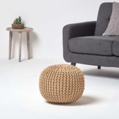 Linen Round Cotton Knitted Pouffe Footstool -Best Homeware Store sf1667a 02