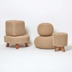 Linen Round Cotton Knitted Pouffe Footstool -Best Homeware Store sf1667a 05