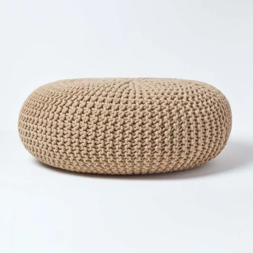 Linen Large Round Cotton Knitted Pouffe Footstool -Best Homeware Store sf1667c 01