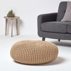 Linen Large Round Cotton Knitted Pouffe Footstool -Best Homeware Store sf1667c 02