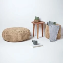 Linen Large Round Cotton Knitted Pouffe Footstool -Best Homeware Store sf1667c 06