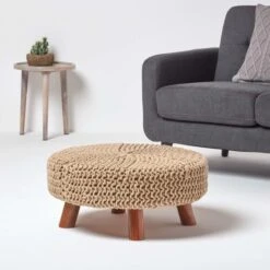 Linen Large Round Cotton Knitted Footstool On Legs -Best Homeware Store sf1667e 02