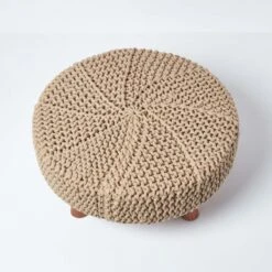 Linen Large Round Cotton Knitted Footstool On Legs -Best Homeware Store sf1667e 03