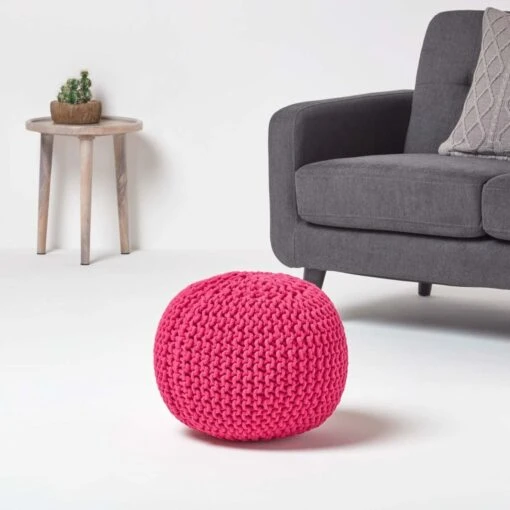 Hot Pink Round Cotton Knitted Pouffe Footstool -Best Homeware Store sf1670a 02