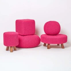 Hot Pink Round Cotton Knitted Pouffe Footstool -Best Homeware Store sf1670a 05