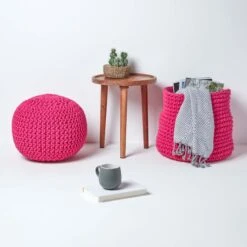 Hot Pink Round Cotton Knitted Pouffe Footstool -Best Homeware Store sf1670a 06