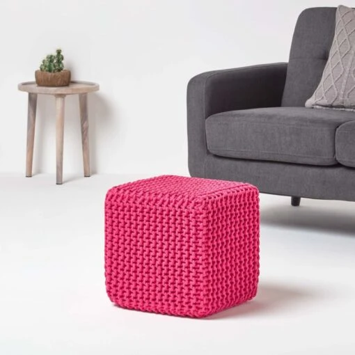 Hot Pink Cube Cotton Knitted Pouffe Footstool -Best Homeware Store sf1670b 02