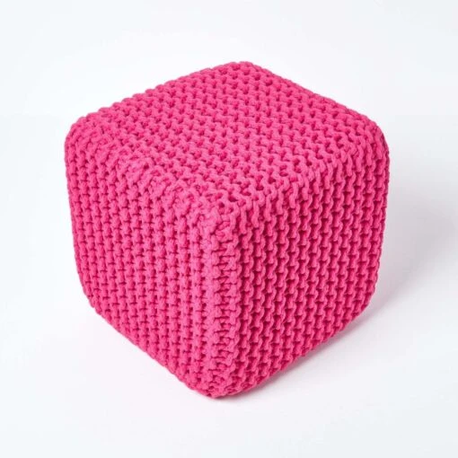 Hot Pink Cube Cotton Knitted Pouffe Footstool -Best Homeware Store sf1670b 03