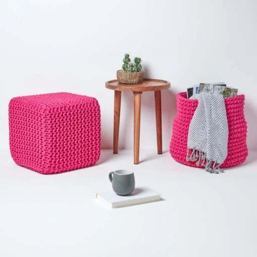 Hot Pink Cube Cotton Knitted Pouffe Footstool -Best Homeware Store sf1670b 06