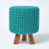 Teal Green Tall Cotton Knitted Footstool On Legs -Best Homeware Store sf1673d 01