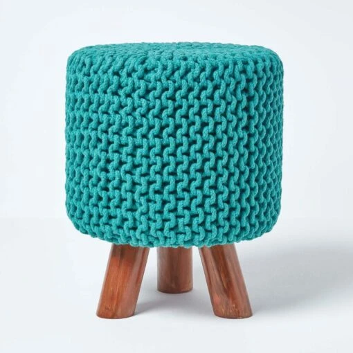 Teal Green Tall Cotton Knitted Footstool On Legs -Best Homeware Store sf1673d 01