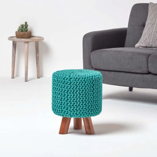 Teal Green Tall Cotton Knitted Footstool On Legs -Best Homeware Store sf1673d 02