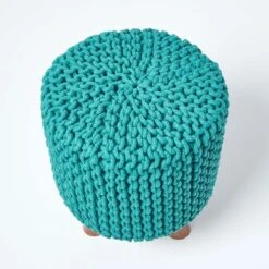 Teal Green Tall Cotton Knitted Footstool On Legs -Best Homeware Store sf1673d 03