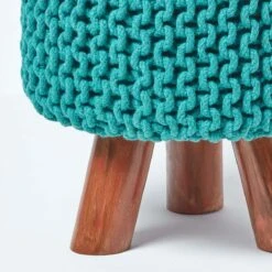 Teal Green Tall Cotton Knitted Footstool On Legs -Best Homeware Store sf1673d 04