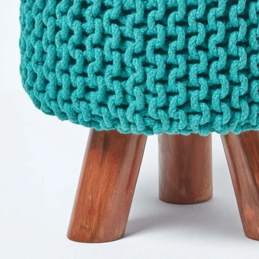 Teal Green Tall Cotton Knitted Footstool On Legs -Best Homeware Store sf1673d 04