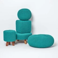 Teal Green Tall Cotton Knitted Footstool On Legs -Best Homeware Store sf1673d 05