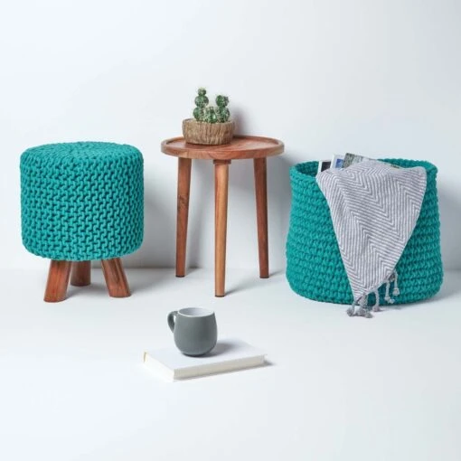 Teal Green Tall Cotton Knitted Footstool On Legs -Best Homeware Store sf1673d 06