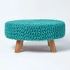 Teal Green Large Round Cotton Knitted Footstool On Legs -Best Homeware Store sf1673e 01