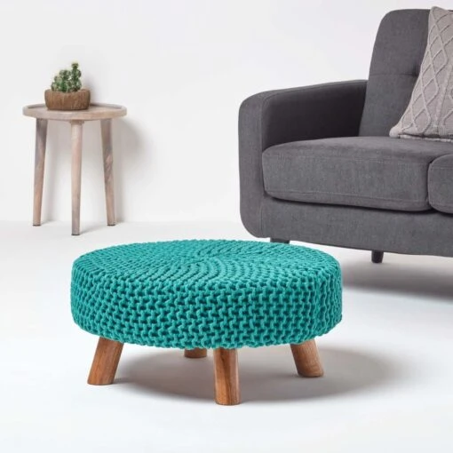 Teal Green Large Round Cotton Knitted Footstool On Legs -Best Homeware Store sf1673e 02