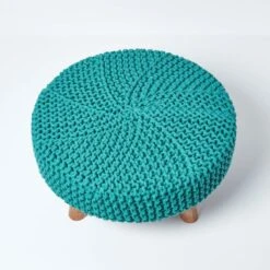 Teal Green Large Round Cotton Knitted Footstool On Legs -Best Homeware Store sf1673e 03