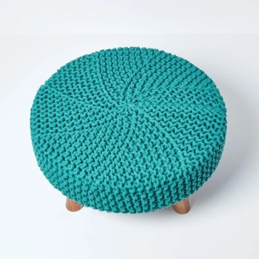 Teal Green Large Round Cotton Knitted Footstool On Legs -Best Homeware Store sf1673e 03