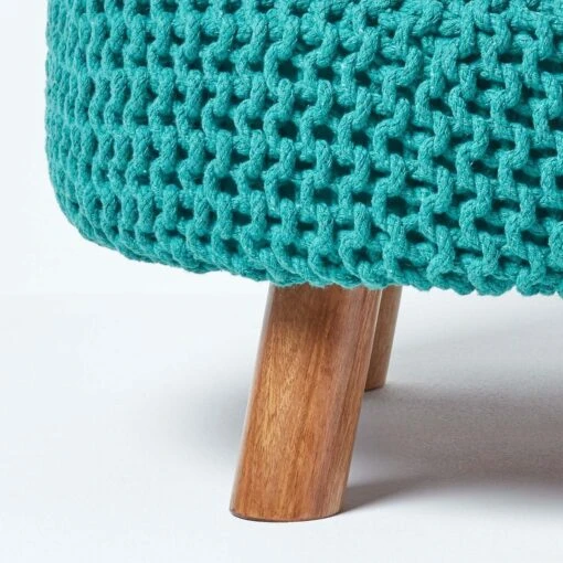 Teal Green Large Round Cotton Knitted Footstool On Legs -Best Homeware Store sf1673e 04