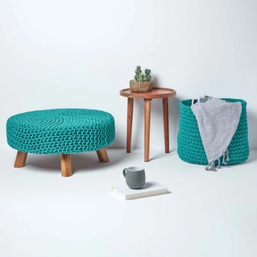 Teal Green Large Round Cotton Knitted Footstool On Legs -Best Homeware Store sf1673e 06