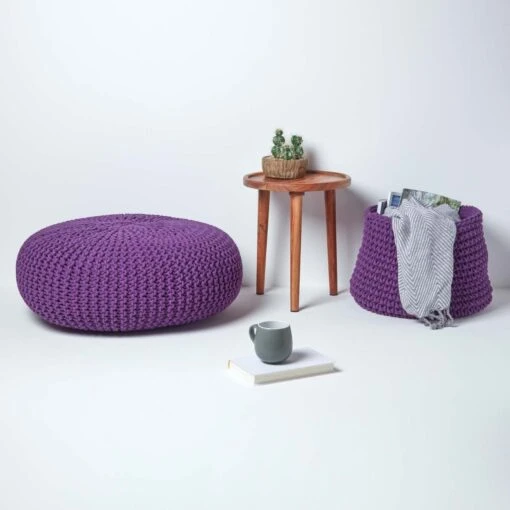 Deep Purple Large Round Cotton Knitted Pouffe Footstool -Best Homeware Store sf1676c 06