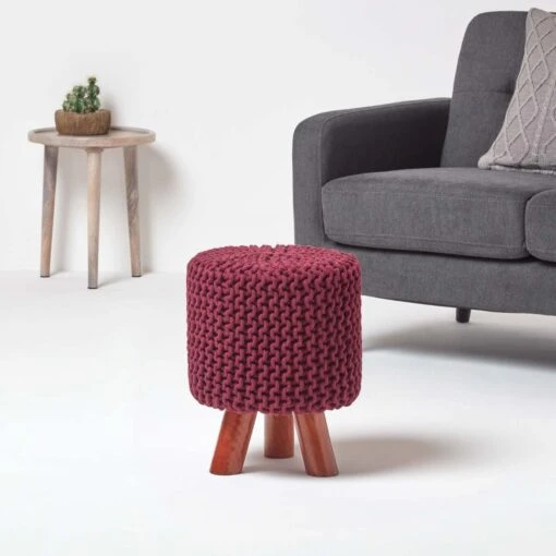 Plum Tall Cotton Knitted Footstool On Legs -Best Homeware Store sf1676d 02 1