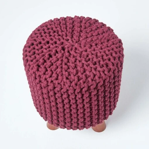 Plum Tall Cotton Knitted Footstool On Legs -Best Homeware Store sf1676d 03 1