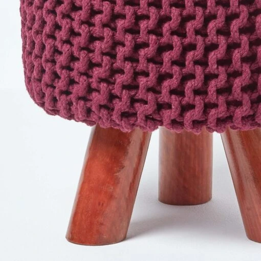 Plum Tall Cotton Knitted Footstool On Legs -Best Homeware Store sf1676d 04 1